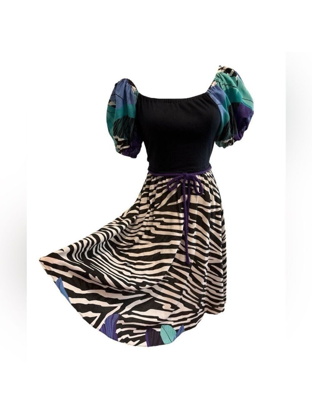 80s DOTTI ZEBRA PRINT MIDI DRESS W FLORAL TROPICAL PRINT PUFFED SLEEVE SZ 8 - Picture 4 of 7